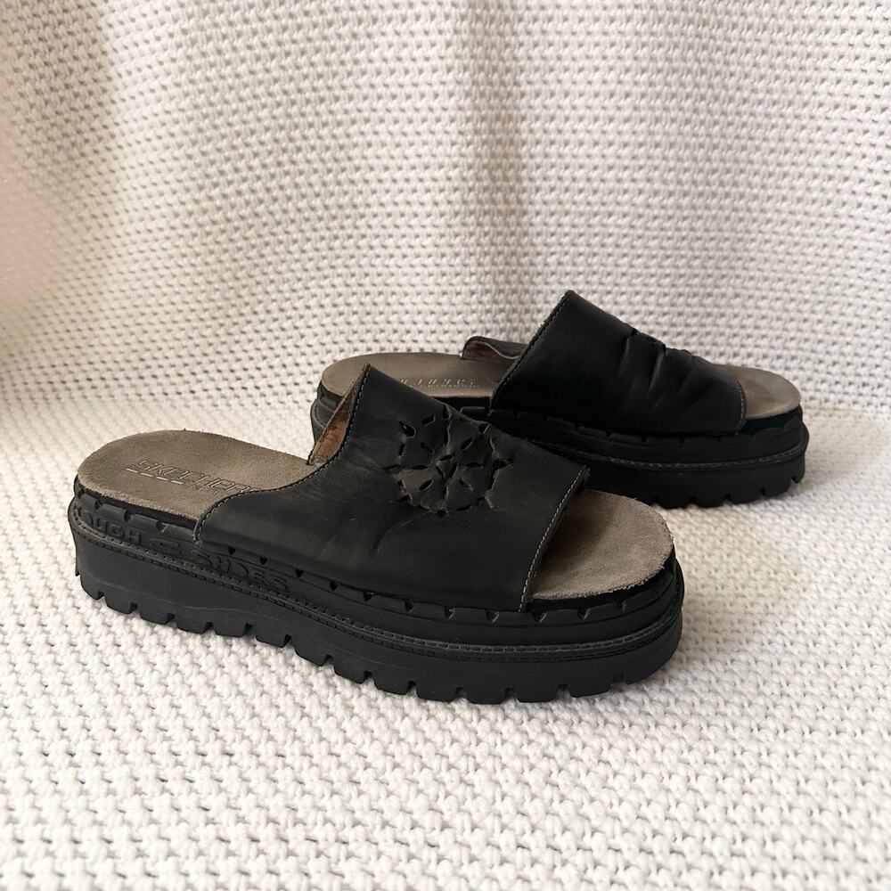 Skechers Jammers Vintage Y2K Black Leather Cutout Lug Sole Slide Sandals 10